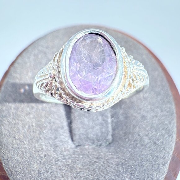 VTG Sterling Silver 925 Amethyst Leaf Design Border Statement Ring Size 7 - Picture 4 of 10